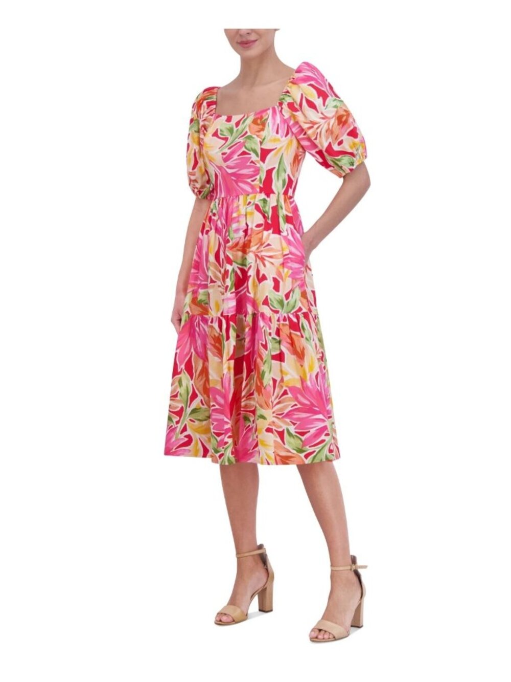 Vince Camuto Womens Floral Cotton Puff Sleeve MIDI Dress Pink Multi Size 2 NWT